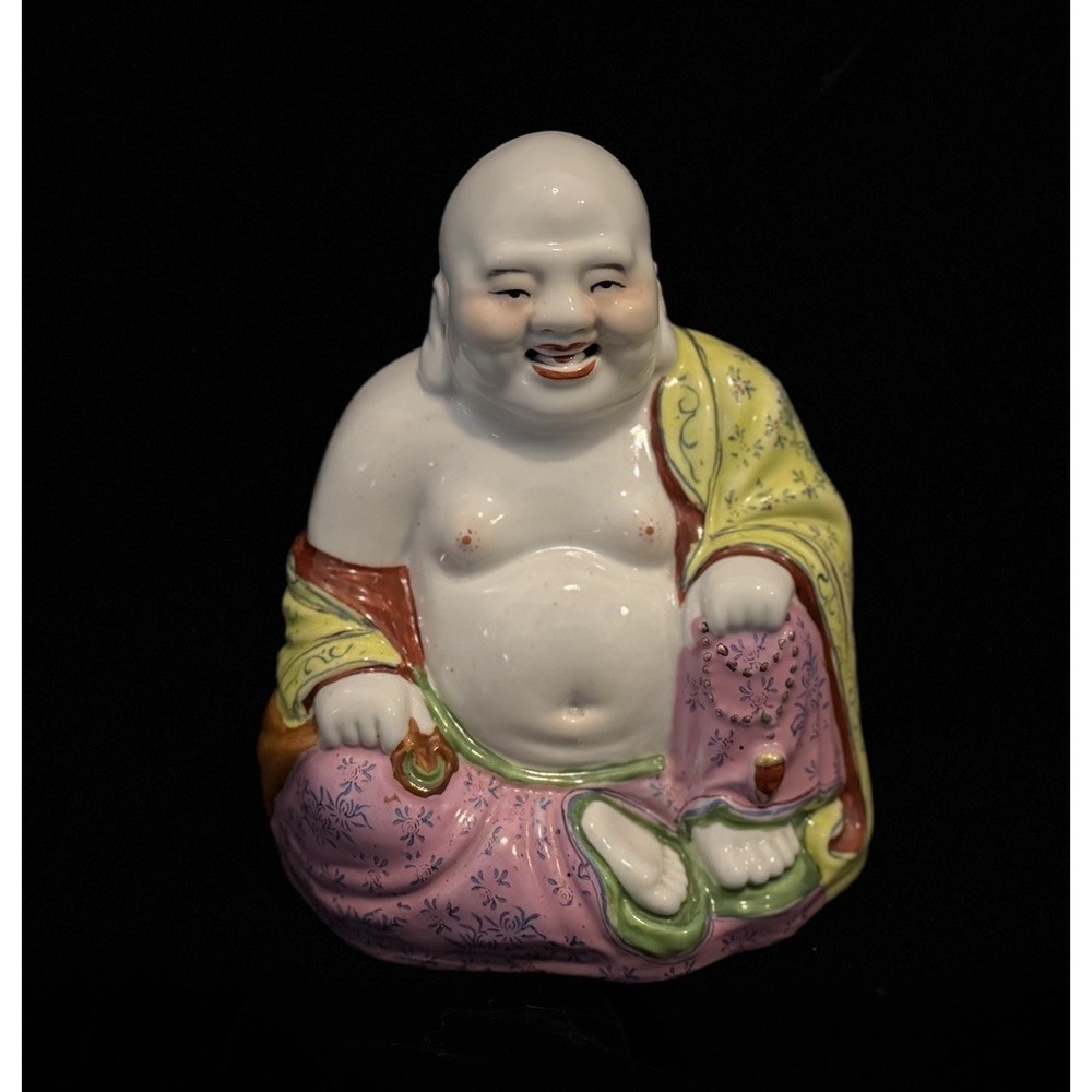 Vintage Chinese Laughing Buddha Rose Lucky Hotei China 8" tall‎ Marked Base